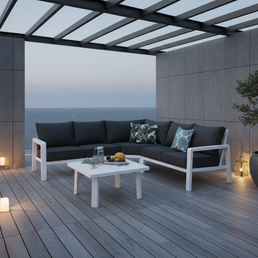 Γωνιακός καναπές κήπου Κρήτη – αλουμίνιο – λευκός με γκρι μαξιλάρια – μοντέρνο σετ