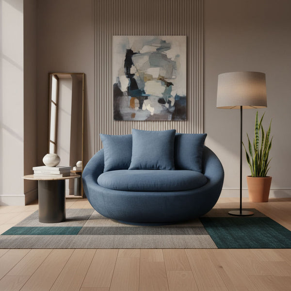Lacoon armchair, linen fabric, blue, round, modern design / Blue