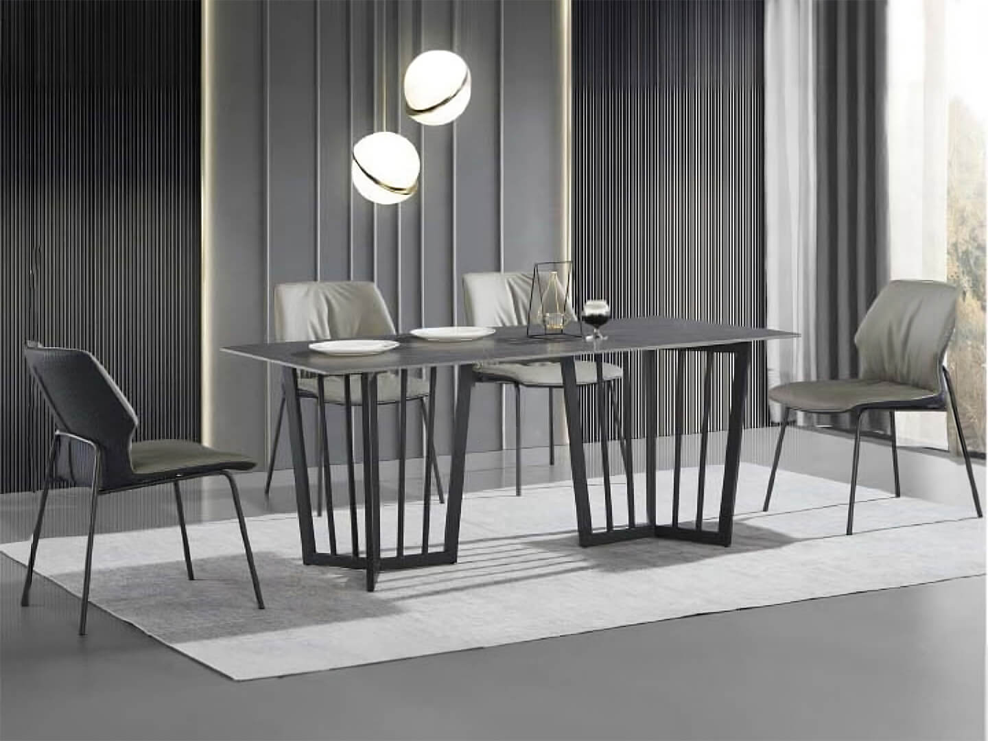 marble dining table grey top black legs - Lux Furniture