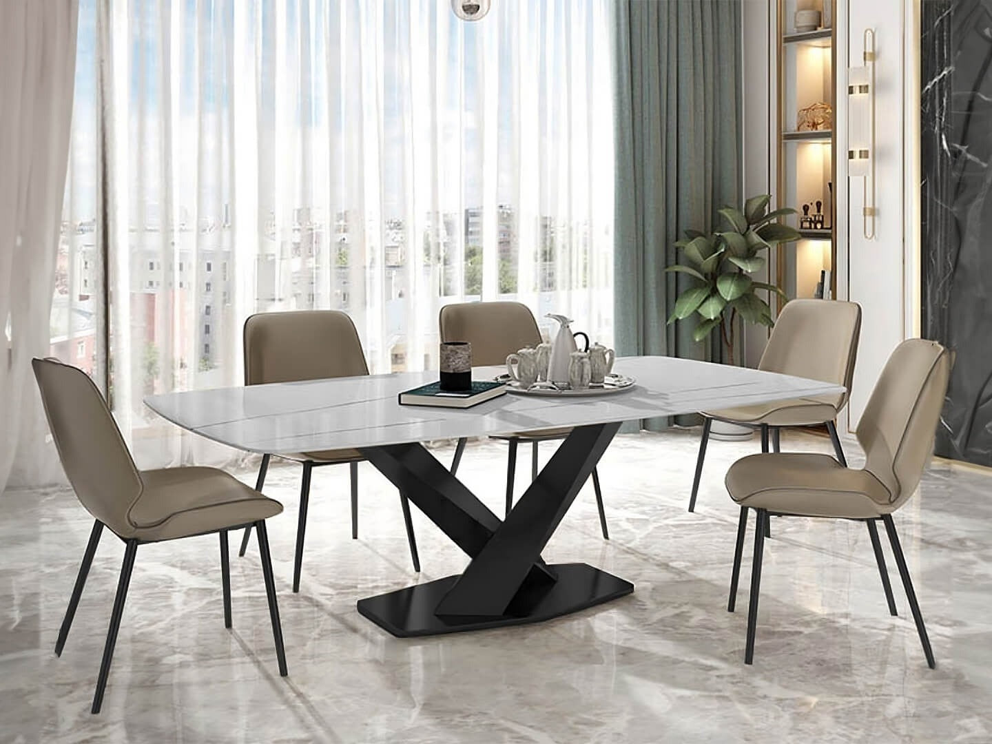 MARBLE EXTENDABLE DINING TABLE BLACK STAINLESS STEEL BASE - Lux Furniture