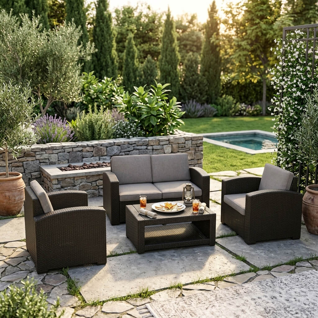 Σετ καθιστικού εξωτερικού χώρου Milos από συνθετικό ραττάν σε σκούρο καφέ με μαλακά γκρι μαξιλάρια καθίσματος και πλάτης, που περιλαμβάνει διθέσιο καναπέ, δύο πολυθρόνες και τραπεζάκι ραττάν