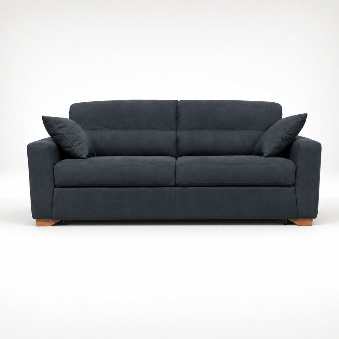 3θέσιος καναπές-κρεβάτι MIRO σε dark grey microsuede ύφασμα με ίσια μπράτσα και διακοσμητικά μαξιλάρια σε λευκό φόντο.