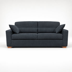 3-seater MIRO sofa bed in dark grey microsuede fabric with straight arms and decorative cushions on a white background.