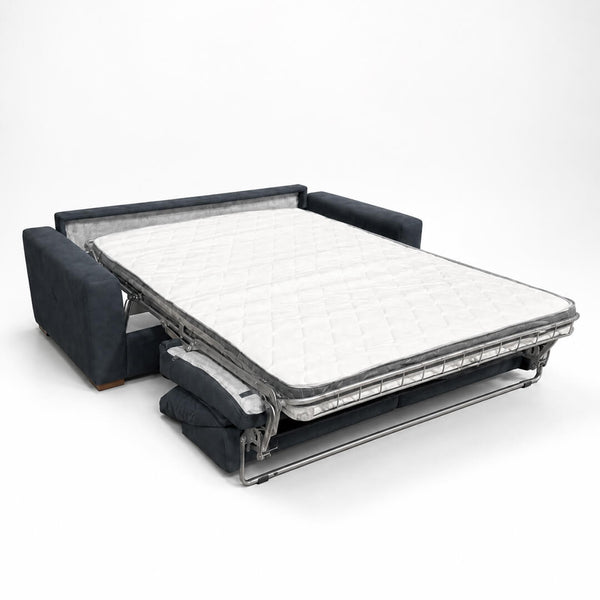 MIRO sofa bed opened into a sleeping surface with a white mattress, a metal mechanism and dark grey side arms
