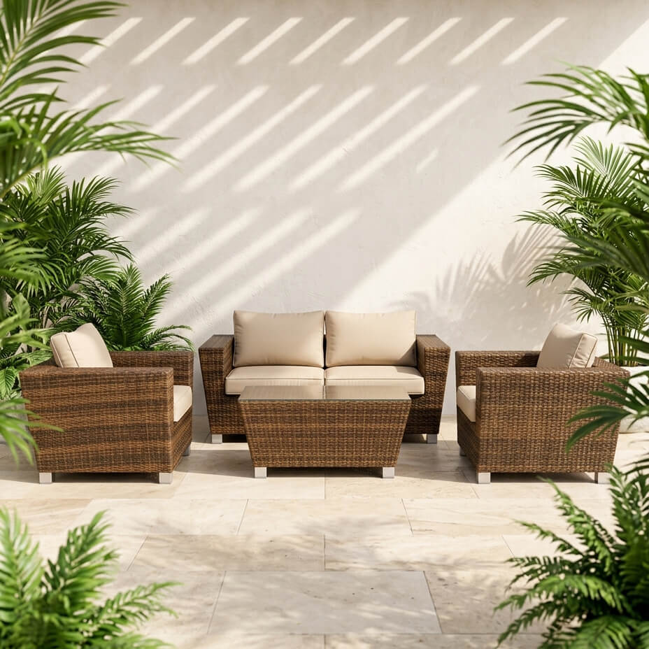מערכת ישיבה לגן מיקונוס, rattan, חום, 4 חלקים, מודרנית