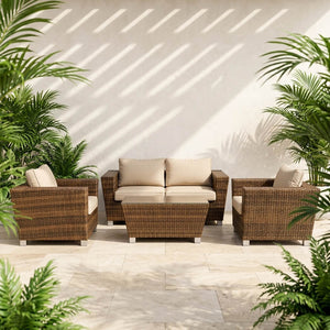 מערכת ישיבה לגן מיקונוס, rattan, חום, 4 חלקים, מודרנית