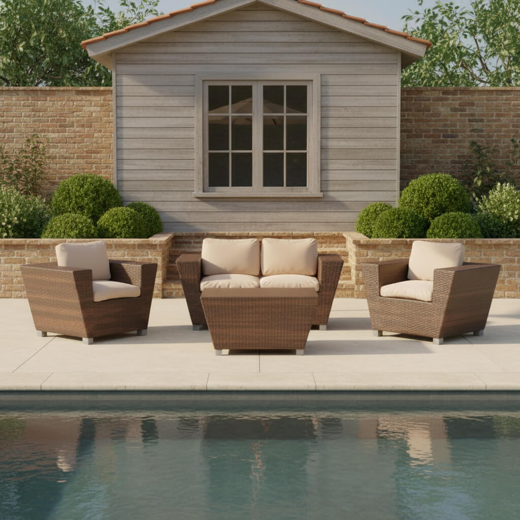 Σετ σαλονιού κήπου Μύκονος – rattan – καφέ – 4 τεμαχίων δίπλα στην πισίνα – μοντέρνο