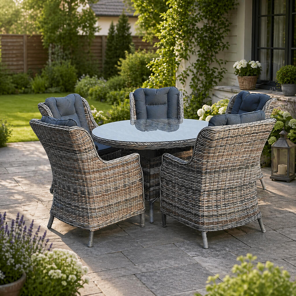 Σετ τραπεζαρίας Naxos από φυσικό ρατάν: στρογγυλό τραπέζι με γυάλινη επιφάνεια, πέντε πολυθρόνες με γκρι καπιτονέ μαξιλάρια και μεταλλικά πόδια, σε αίθριο.