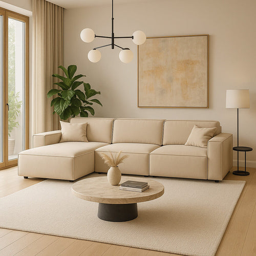 Modern corner sofa Nur in light beige fabric, with distinct modular sections. / Beige