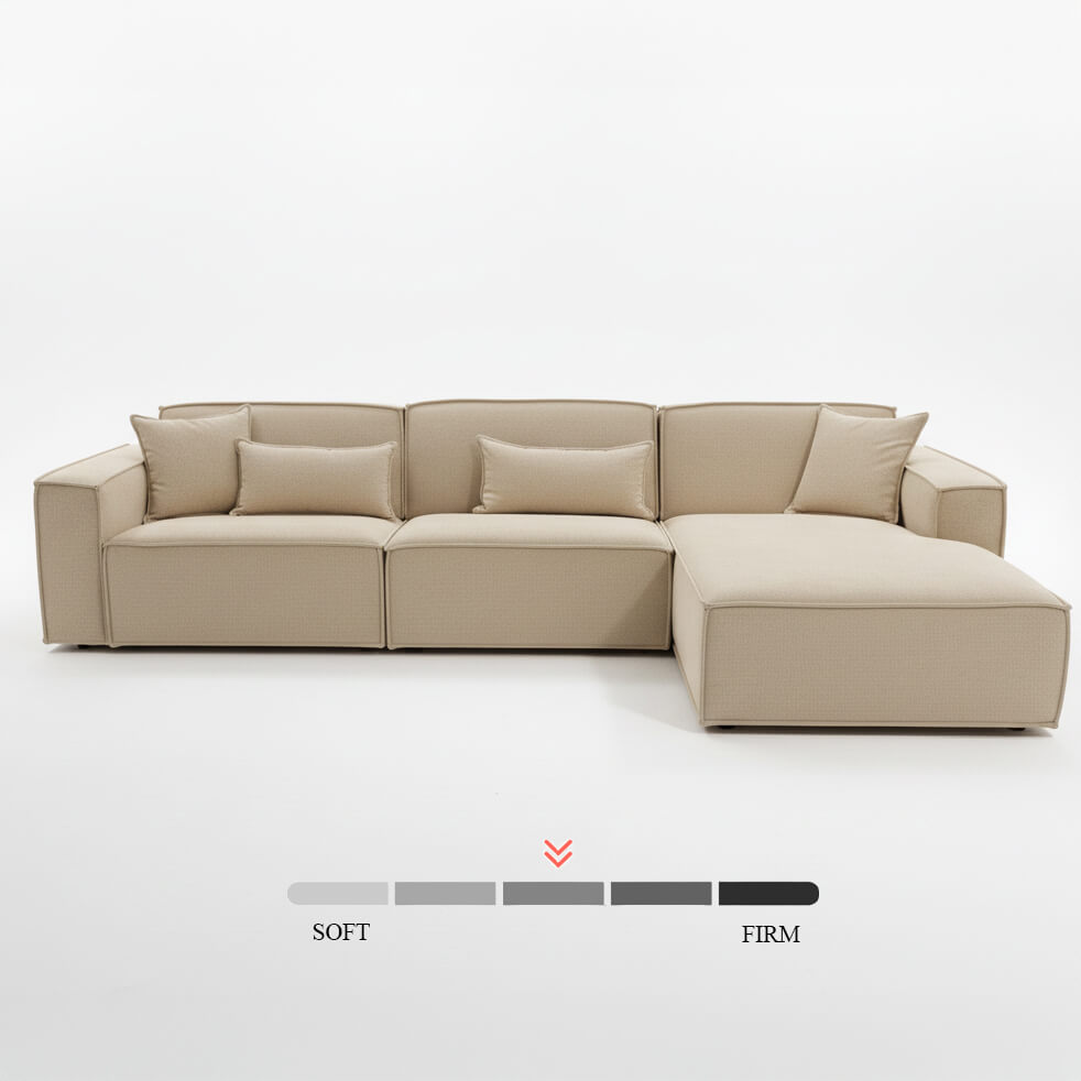 Γωνιακός καναπές Nur – ύφασμα microfiber – μπεζ – με σεζλόνγκ – σε λευκό φόντο / Beige