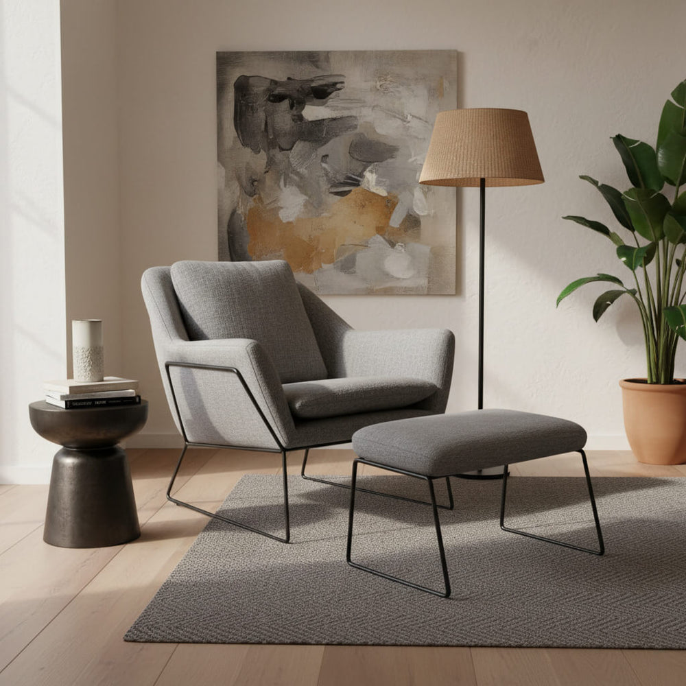 Oliver armchair and footstool set, fabric, grey, with a metal frame, modern