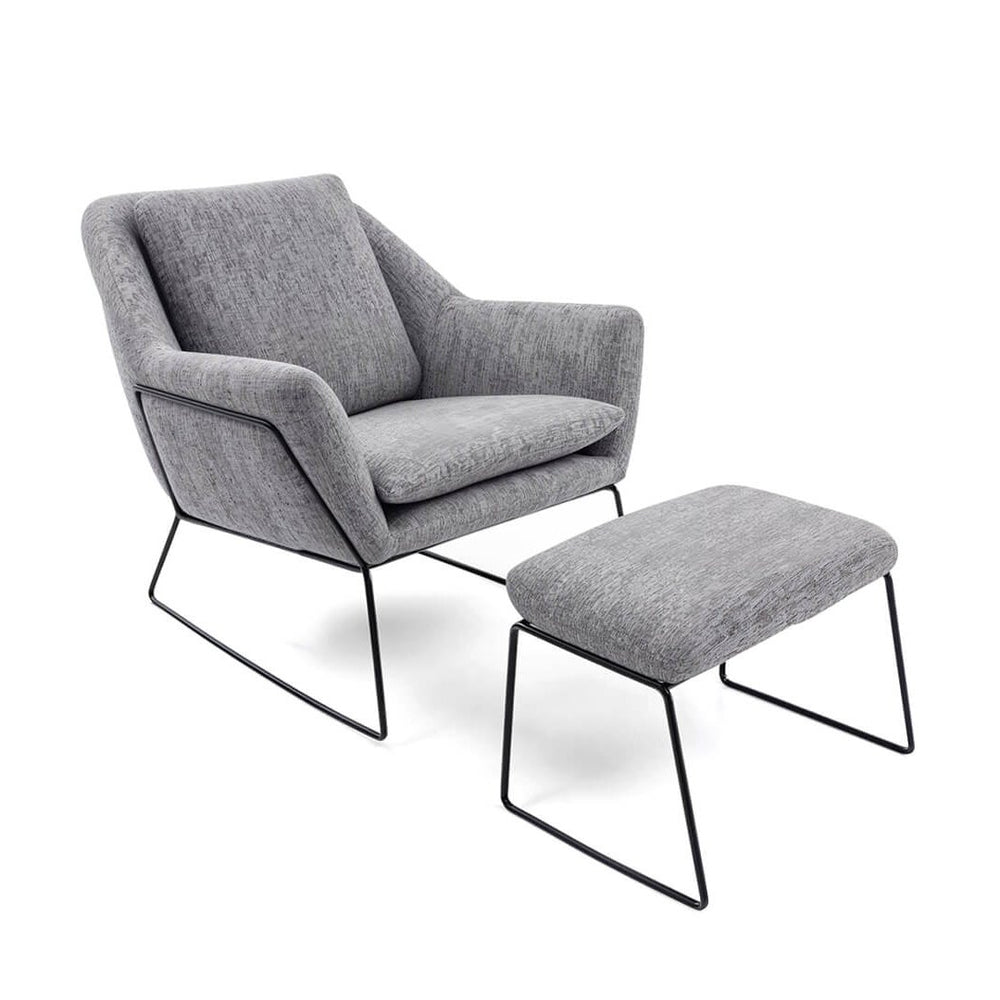 Oliver armchair and footstool set, fabric, grey, with a metal frame, modern