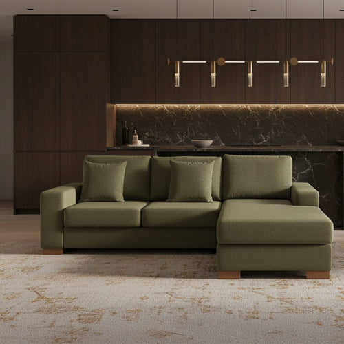 Oslo corner sofa, fabric, green, with wooden legs, for the living room / Soft Green