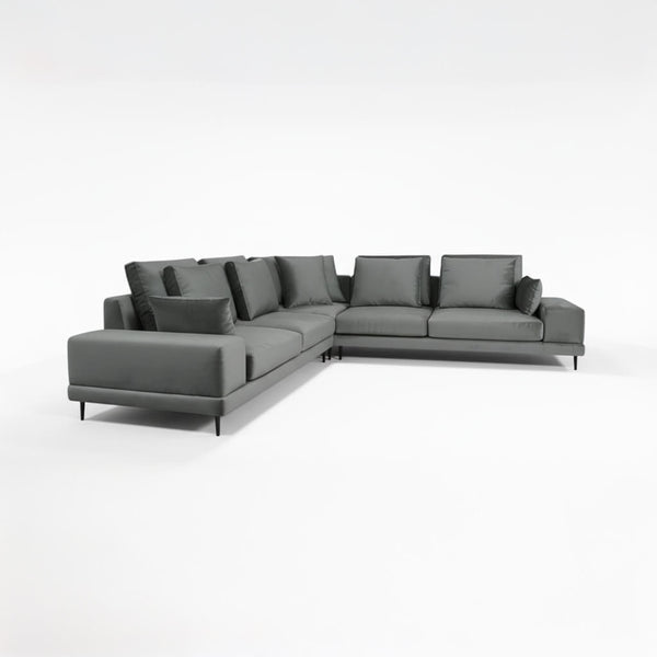 Portofino corner sofa, microsuede, grey, side view, on a white background. / Grey