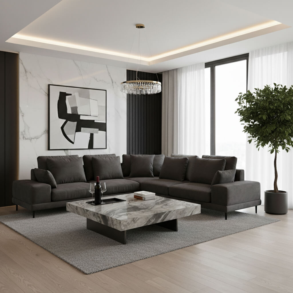 Γωνιακός καναπές Πορτοφίνο – ύφασμα microsuede – σκούρο γκρι – για σαλόνι – μοντέρνος / Grey