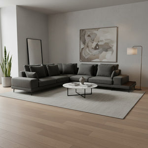 Portofino corner sofa, fabric, dark grey, with a built-in side table, modern / Grey