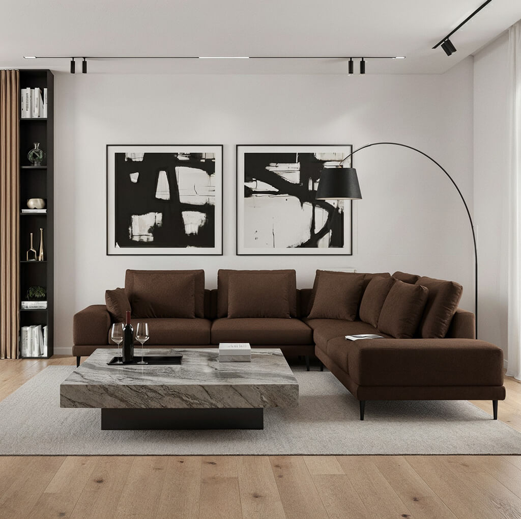 Γωνιακός καναπές Πορτοφίνο – microsuede – σοκολατί – για μοντέρνο σαλόνι – design / Charme Chocolate