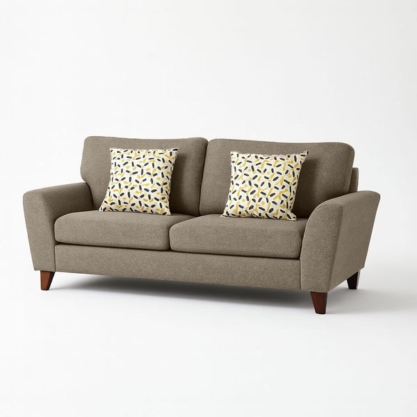 Two-seater sofa Renata, fabric, light brown, on a white background, with wooden legs. / Light Brown