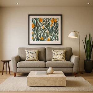 Two-seater sofa Renata, fabric, light brown, in a living room, with decorative cushions / Light Brown