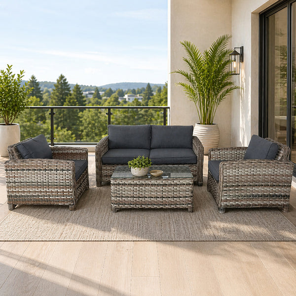Σετ καθιστικού Rodos εξωτερικού χώρου από πλεγμένο ραττάν σε ανοιχτές καφέ αποχρώσεις με μαξιλάρια καθίσματος και πλάτης σε σκούρο γκρι