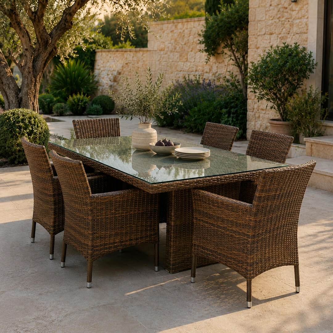 Σετ τραπεζαρίας κήπου Σαντορίνη – rattan – σκούρο καφέ – τραπέζι και 6 καρέκλες – κλασικό.