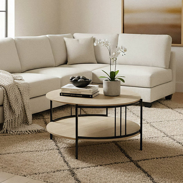 Sara coffee table, wood and metal, natural-black, round with shelf, industrial