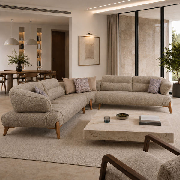 SOFO corner sofa in mocha brown textured fabric, placed in a modern living room with a coffee table, rug, plants and natural neutral tones.