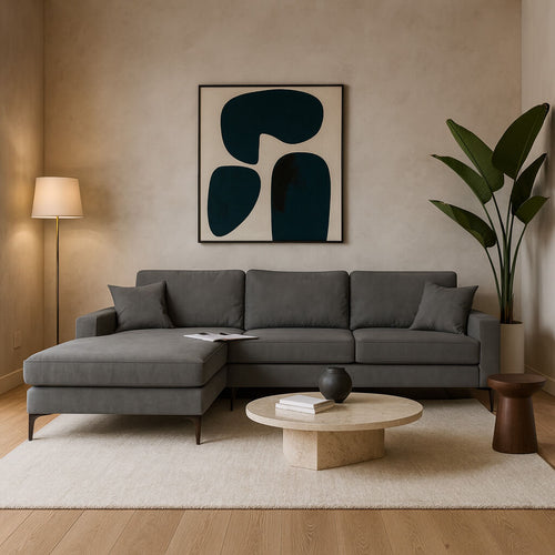 Corner sofa Star, fabric, dark grey, with chaise longue, for living room. / Grey