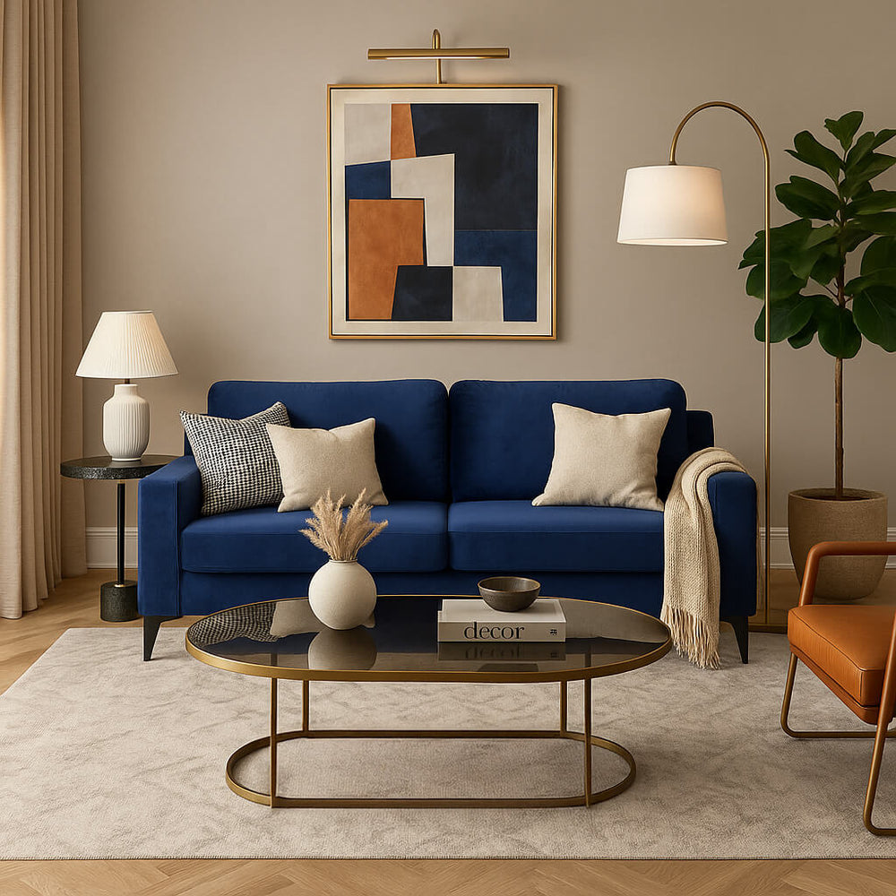 A modern velvet sofa in royal blue, dressed with cream and patterned cushions, in an elegant living room. The space has an oval coffee table with a gold base and dark glass top, a large abstract painting lit by a bronze picture light and a tall arched floor lamp. / Blue