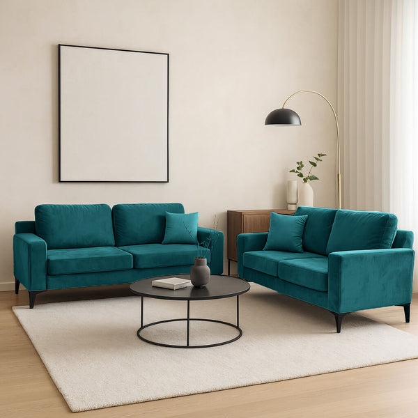 microsuede living room set, three-seater and two-seater sofa, in a modern living room. / Turquoise
