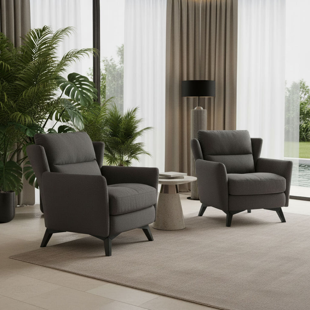 Variant armchairs, microsuede fabric, dark grey, with black metal legs, modern. / grey