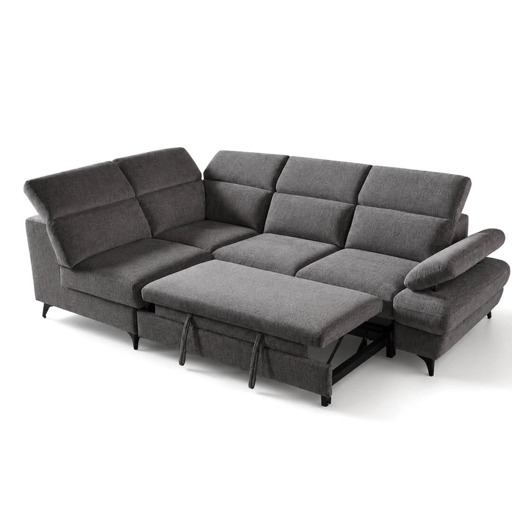 Γωνιακός καναπές PRIMO σε σκούρο γκρι micro suede, με χειροκίνητα ρυθμιζόμενα προσκέφαλα και μαύρα μεταλλικά πόδια. / Dark grey