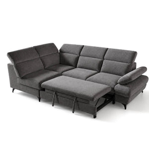 Γωνιακός καναπές PRIMO σε σκούρο γκρι micro suede, με χειροκίνητα ρυθμιζόμενα προσκέφαλα και μαύρα μεταλλικά πόδια. ανοιγμένος με εμφανή την επεκτεινόμενη επιφάνεια / Dark Grey