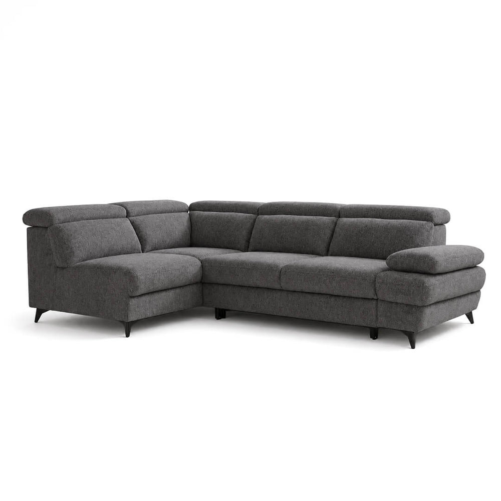 Γωνιακός καναπές PRIMO σε σκούρο γκρι micro suede, με χειροκίνητα ρυθμιζόμενα προσκέφαλα και μαύρα μεταλλικά πόδια. / Dark grey