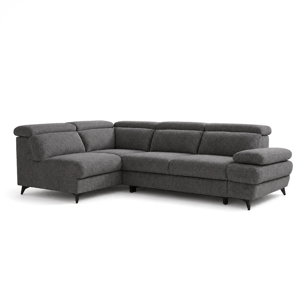 Γωνιακός καναπές PRIMO σε σκούρο γκρι micro suede, με χειροκίνητα ρυθμιζόμενα προσκέφαλα και μαύρα μεταλλικά πόδια. / Dark grey