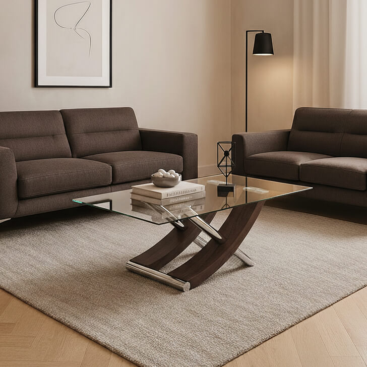 שולחן קפה Xenia, זכוכית, עץ ומתכת, חום-inox, מלבני, מודרני
