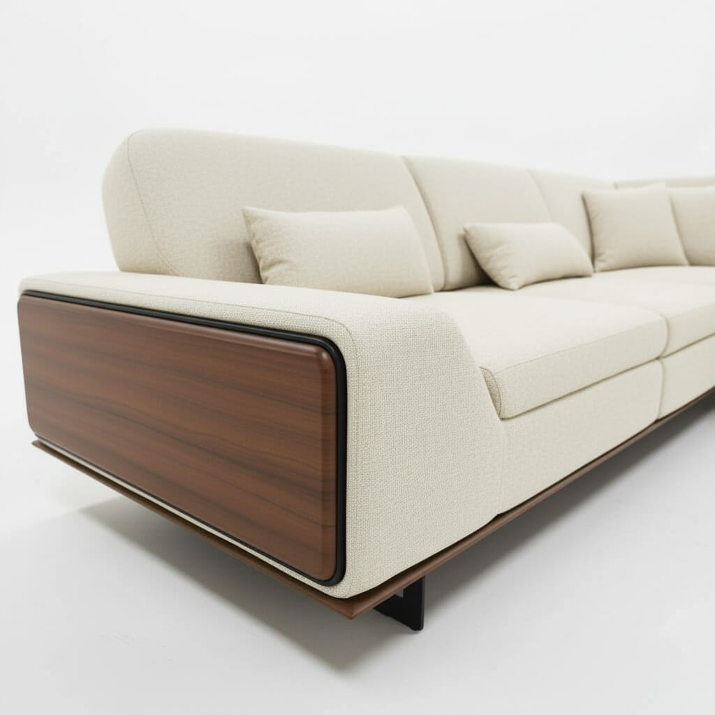 Λεπτομέρεια καναπέ Δίας – λινό ύφασμα και ξύλο – μπεζ – στο μπράτσο – μοντέρνο design / Beige